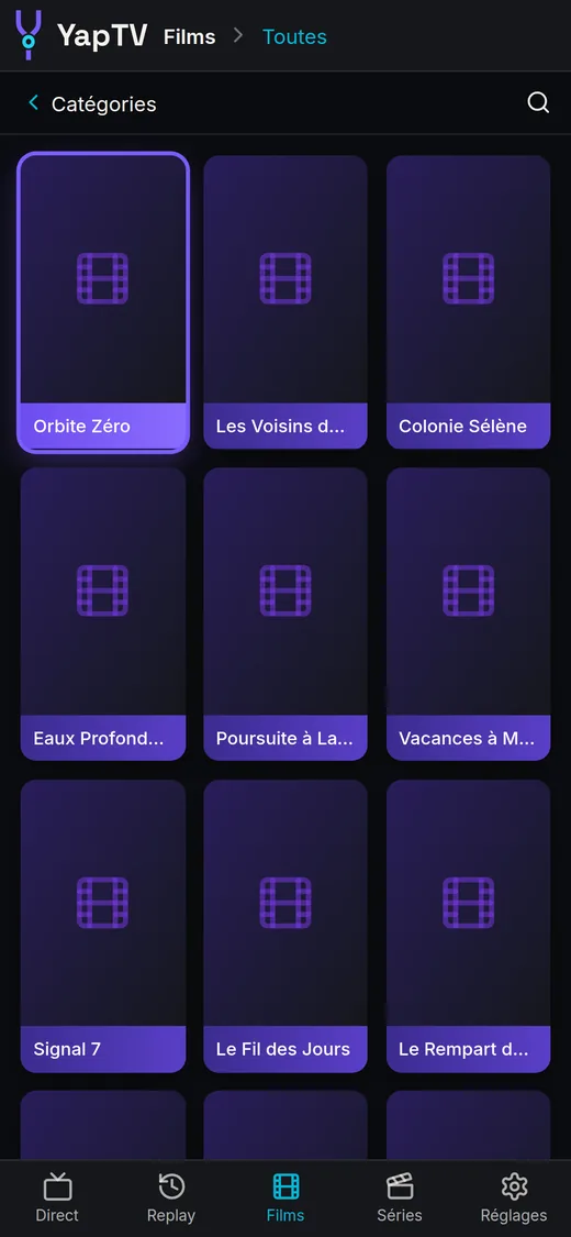 YapTV sur un téléphone : la grille des films