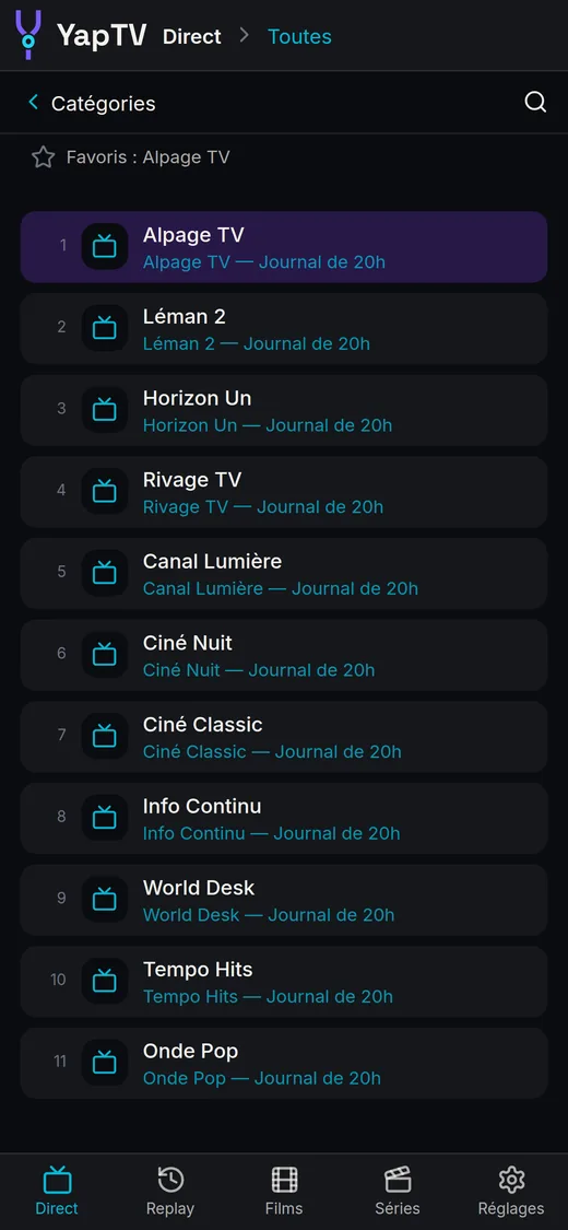 YapTV sur un téléphone : la liste en direct avec le programme en cours