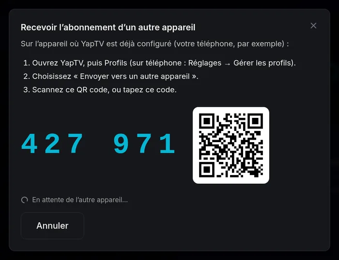 Recevoir sa liste d’un autre appareil : un code à 6 chiffres et un QR code