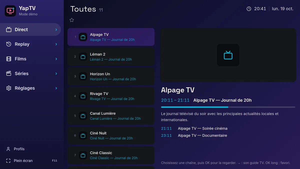 YapTV sur une TV : une liste de lecture avec le programme en cours et la suite de la soirée (données de démonstration)
